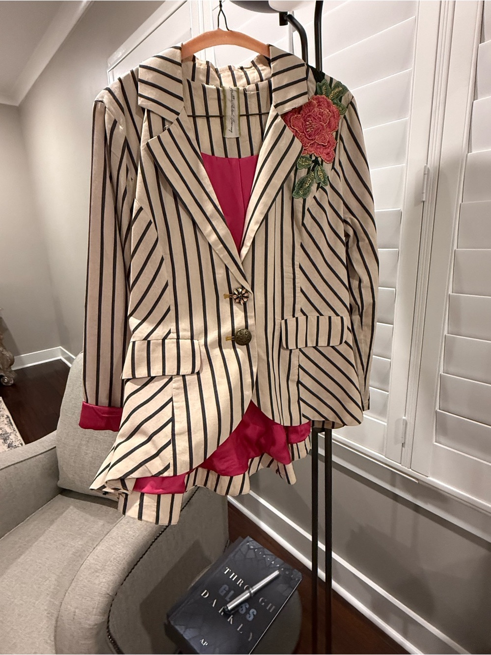 Aratta Cream and Black Blazer with Pink Lining and Rose Appliqué by Aratta